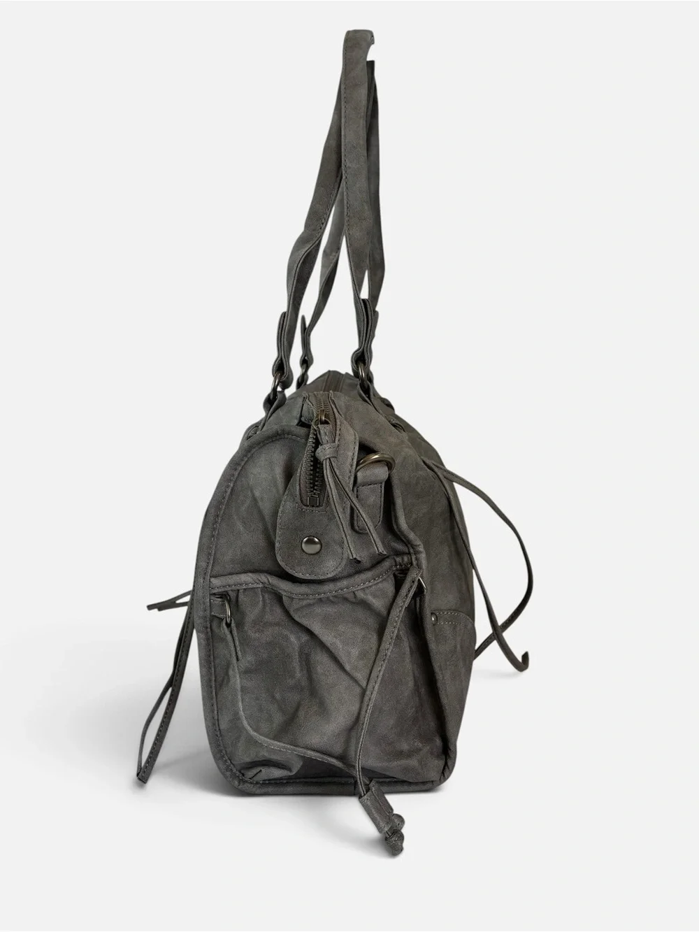 Gray Leather Large Shoulder Tote Bag Lace-Up Stud Detail – New Without Tags